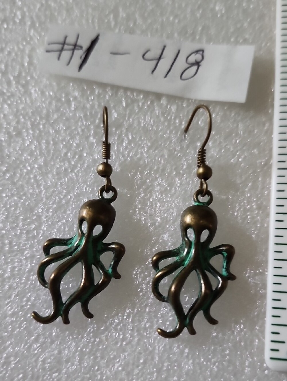 Hand Crafted Bronze Tone Octopus Earrings with Green Patina Accents - Picture 3 of 3